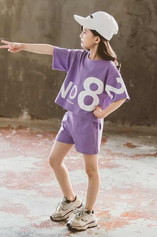 Playful Short-Sleeve Two-Piece Suit For Girls