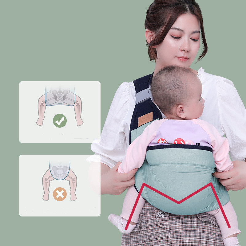 Mom carrying baby in green cotton baby sling wrap with proper leg positioning diagram