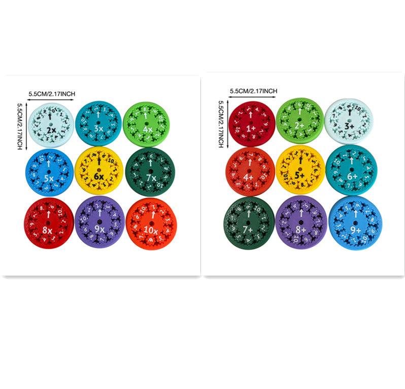 Colorful math fidget spinner for kids with multiplication tables printed on each spinner