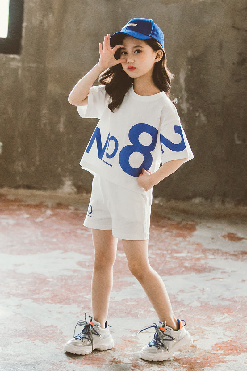 Playful Short-Sleeve Two-Piece Suit For Girls