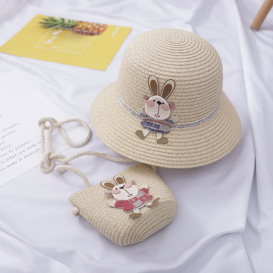 Kids Cute Rabbit Straw Hat And Bag Set