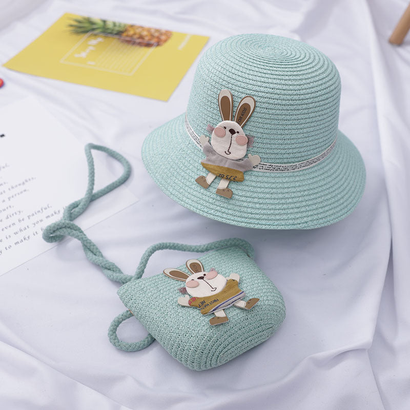Kids Cute Rabbit Straw Hat And Bag Set
