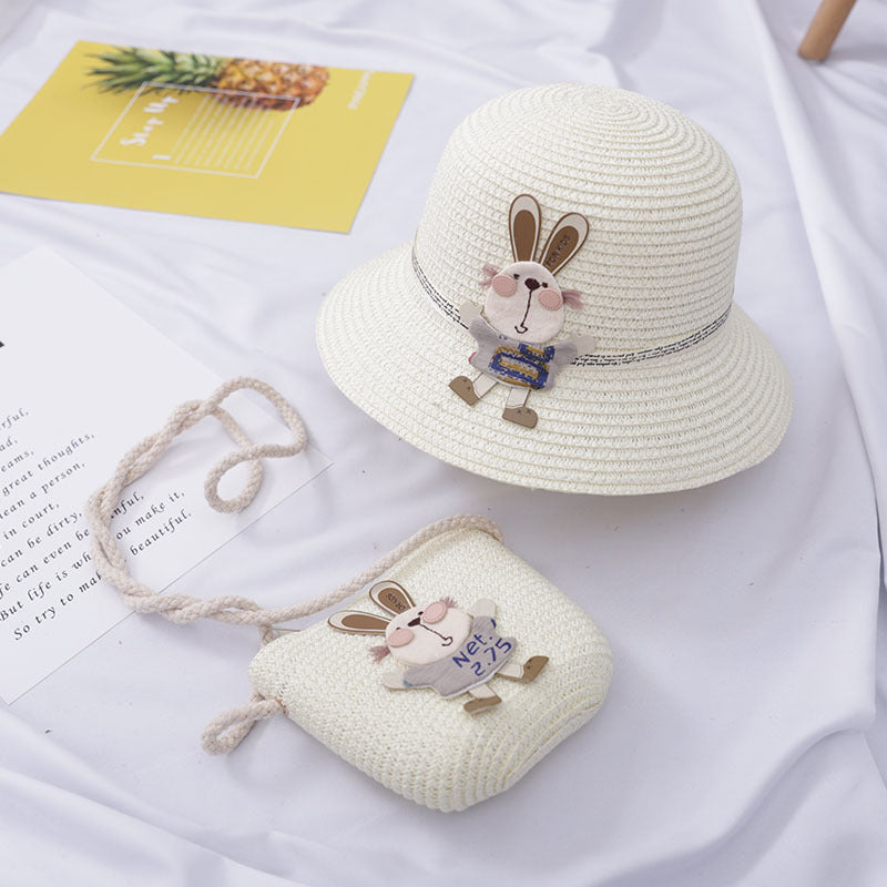 Kids Cute Rabbit Straw Hat And Bag Set