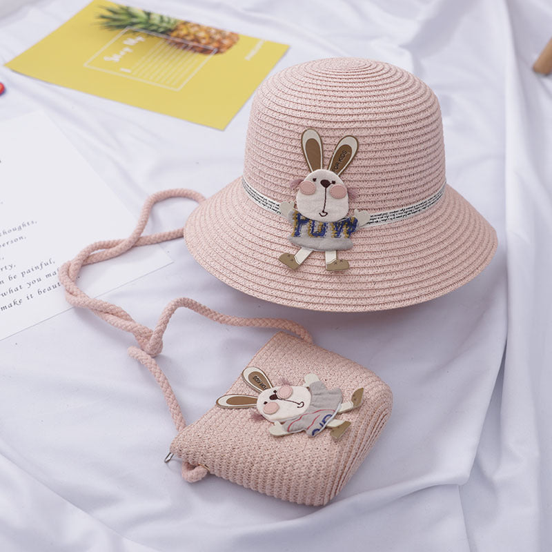 Kids Cute Rabbit Straw Hat And Bag Set
