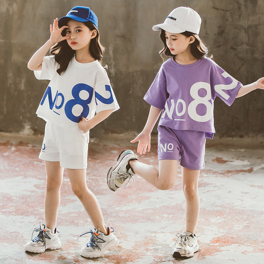 Playful Short-Sleeve Two-Piece Suit For Girls