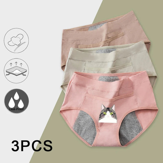 3PCS Cotton Menstrual Panties for Women Breathable Leak-Proof Cartoon Cat Design Mid-Rise Comfortable Women's Intimate Briefs