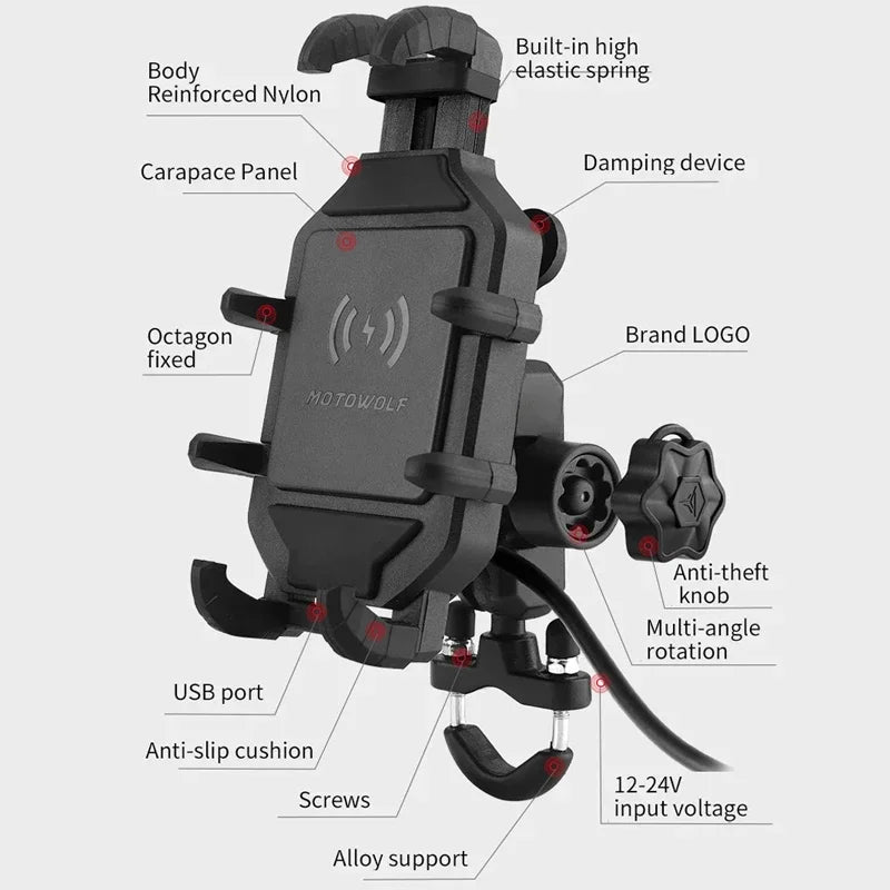 Wireless Charging Phone Holder for Motorcycle 3.0 Quick Charger GPS Moto Support Handlebar Mount for 4-7 Inch Cellphones