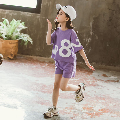 Playful Short-Sleeve Two-Piece Suit For Girls