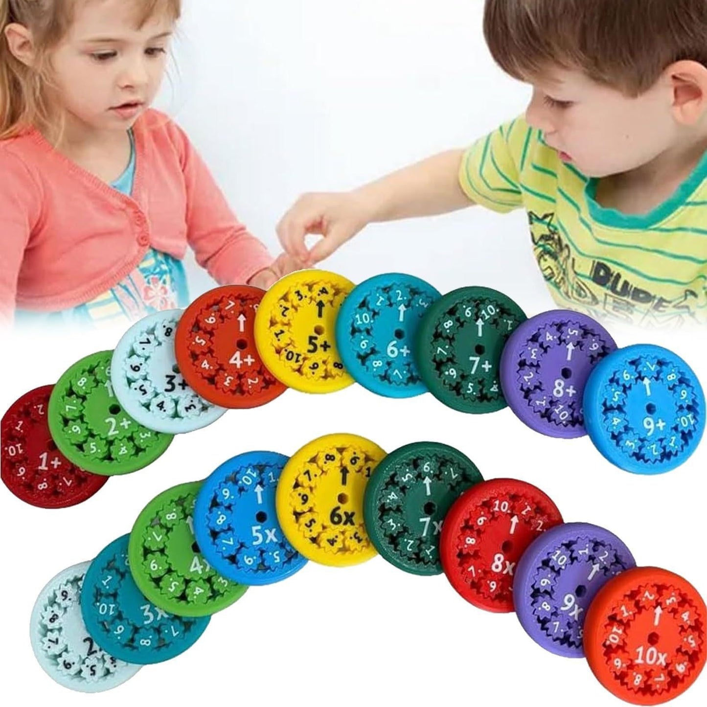 Colorful math fidget spinner for kids with multiplication and addition facts displayed on each side