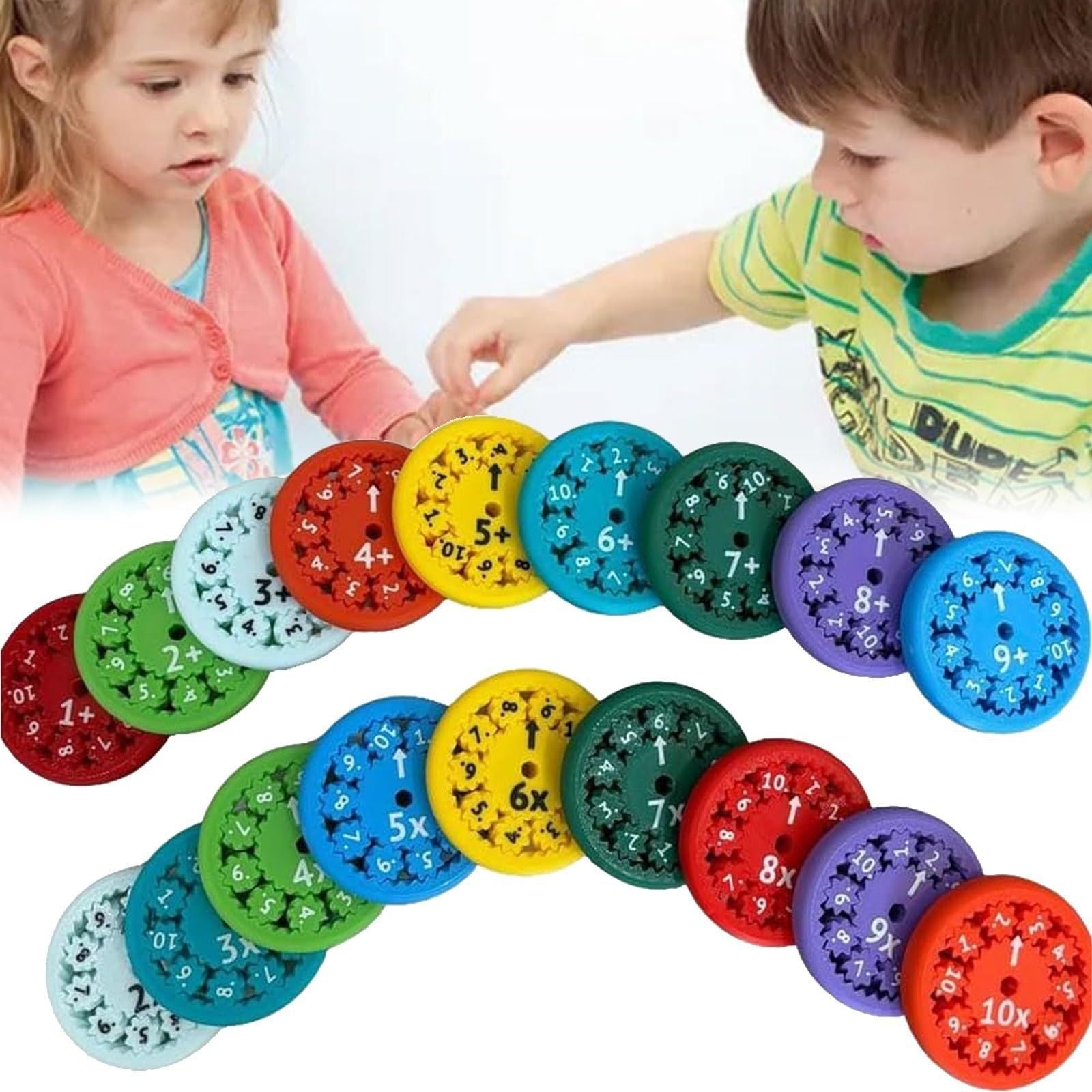 Colorful math fidget spinner for kids with multiplication and addition facts displayed on each side