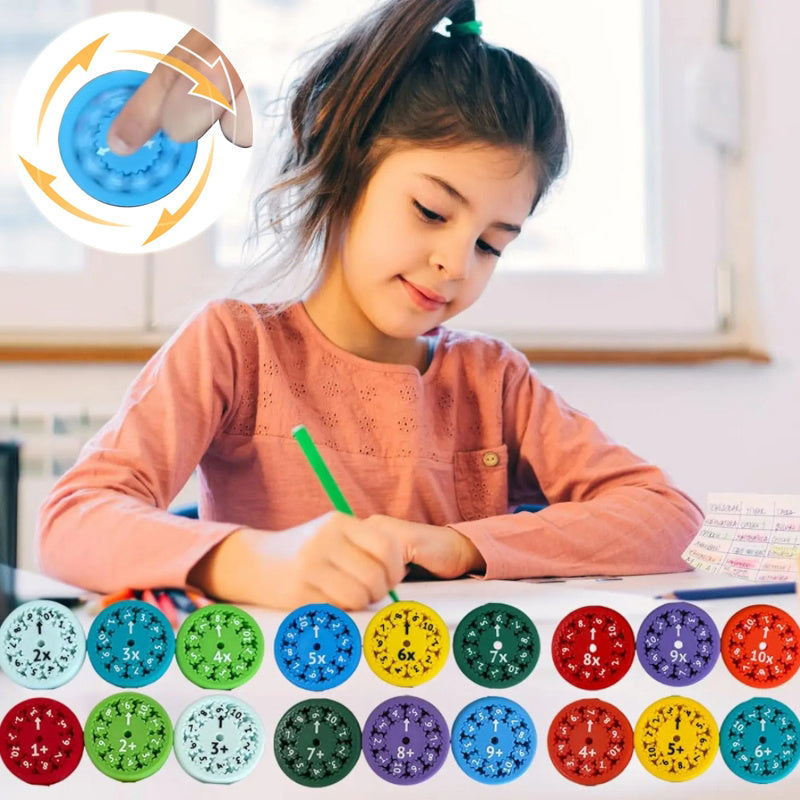 Math fidget spinner for kids in various colors with multiplication tables for fun learning