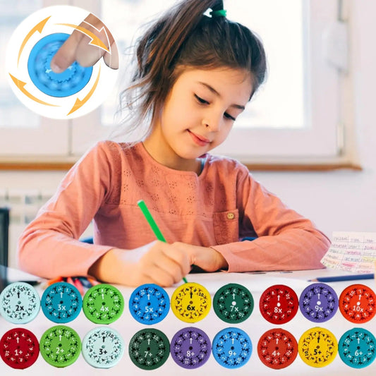 Math fidget spinner for kids in various colors with multiplication tables for fun learning