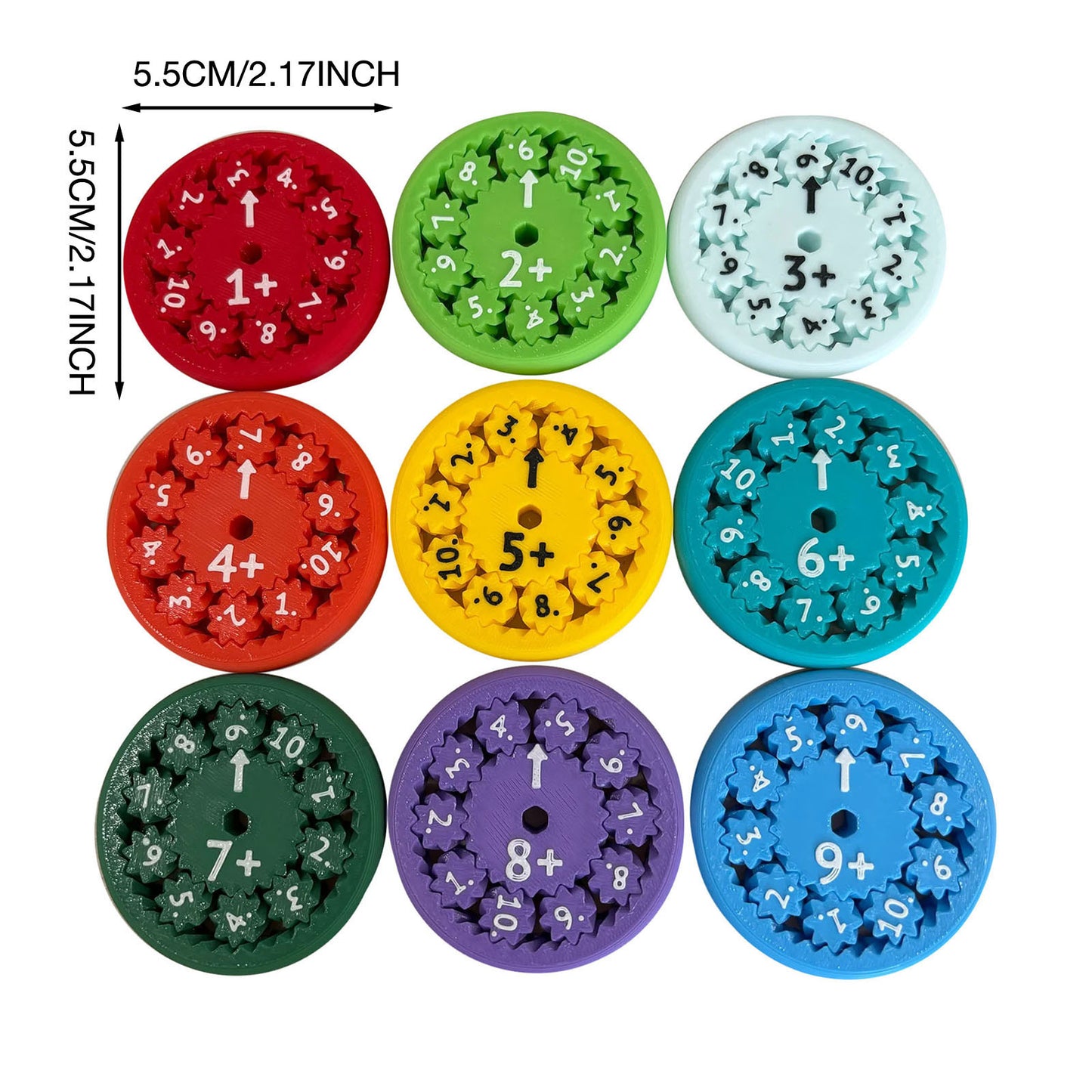 Colorful math fidget spinner for kids with numbers and addition signs in nine different colors