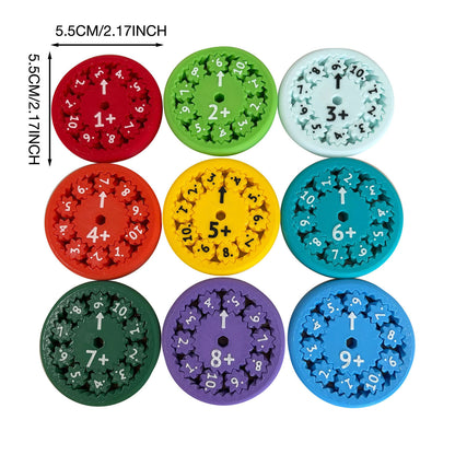 Colorful math fidget spinner for kids with numbers and addition signs in nine different colors